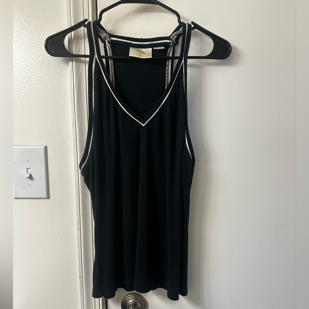 Maeve by Anthropologie Black Ribbed V-Neck Tank Top with White Trim - Size L
